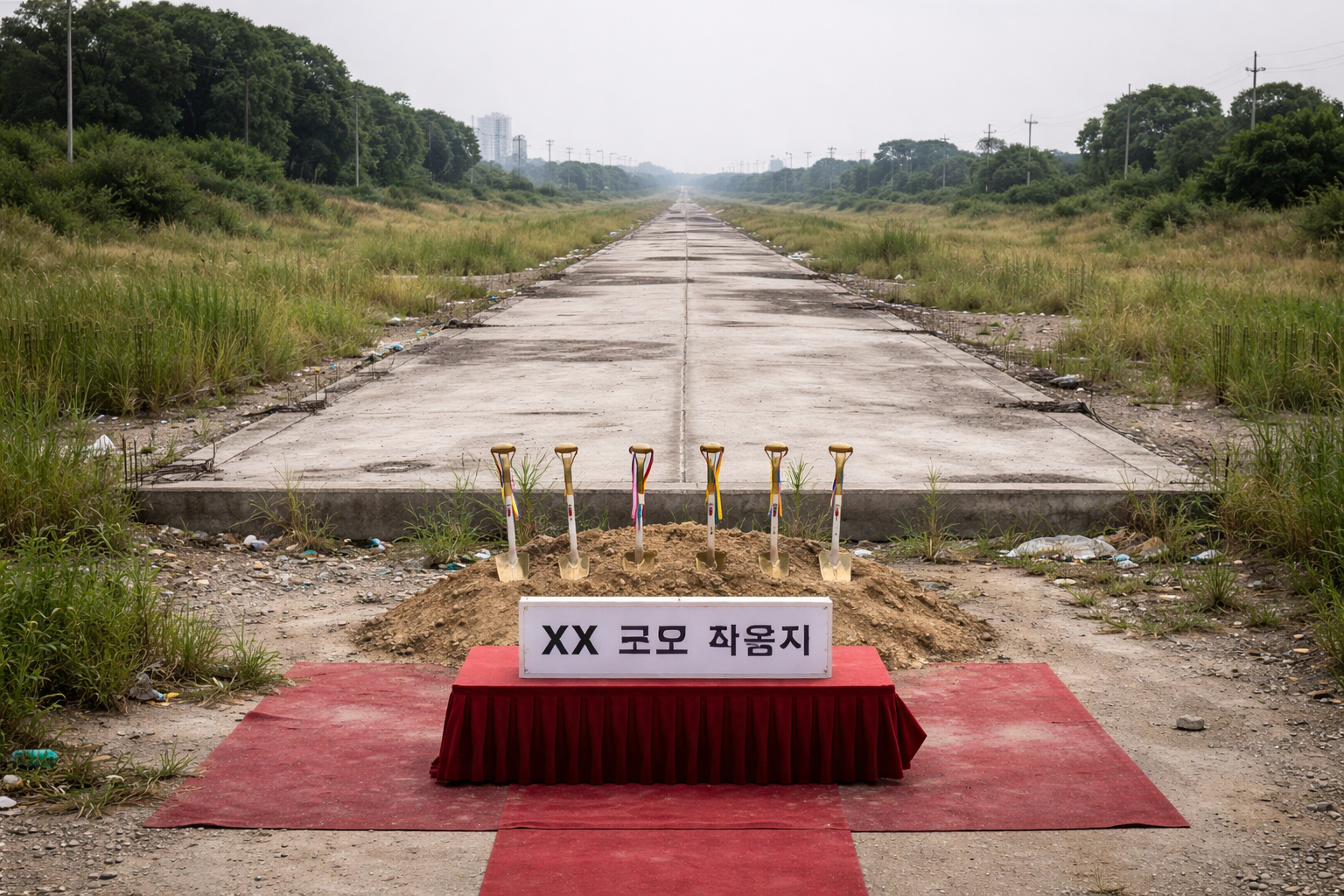 A concrete road that has not been built for a year after the groundbreaking ceremony